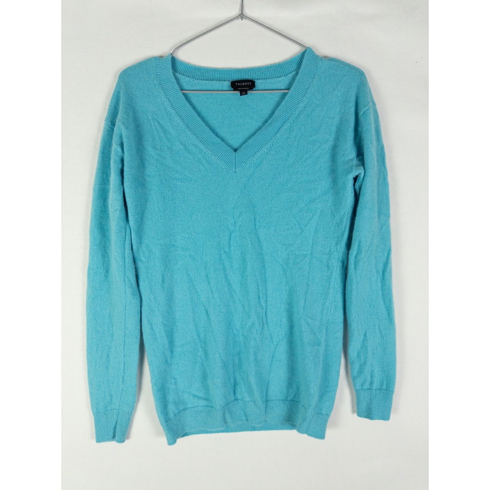 Talbots Pure Cashmere V-Neck Sweater Womens XS Aqua Blue Quiet Luxury Classic